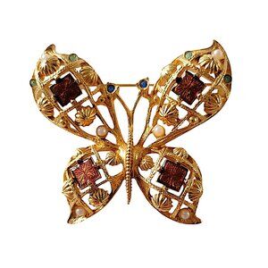 Avon Jeweled Gold Tone Butterfly Brooch Pin Vintage Jewelry